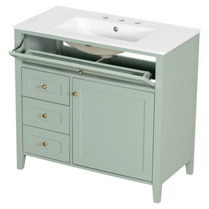 English Elm 36-Inch Green Bathroom Vanity With Sink - Modern Mdf & Rubberwood Freestanding Storage Solution N725P350821F
