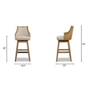 English Elm Jennifer Taylor Home - Bahama 30" Cane Rattan High-Back Swivel Bar Stool – Handcrafted Rubberwood, Wool-Poly Blend Upholstery, Brass Footrest Gray B2719P395568