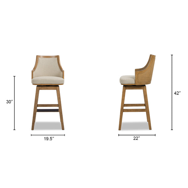 English Elm Jennifer Taylor Home - Bahama 30" Cane Rattan High-Back Swivel Bar Stool – Handcrafted Rubberwood, Wool-Poly Blend Upholstery, Brass Footrest Gray B2719P395568