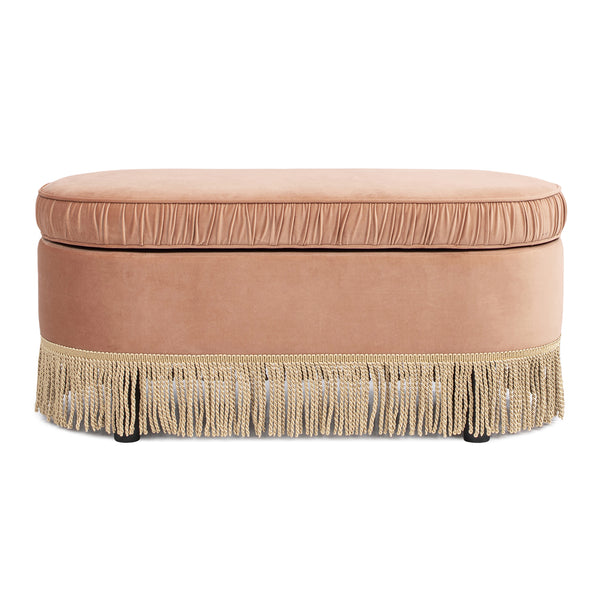 English Elm Jennifer Taylor Home - Serena 38" Oval Storage Bench Ottoman with Velvet Ruched Trim and Fringe Tassels, Spacious Seat Orange B2719P238473