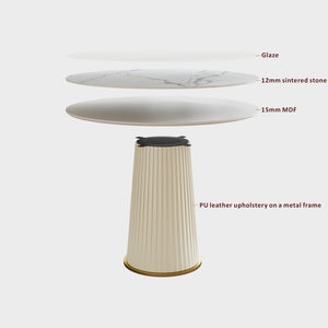 English Elm Modern 35.43 Inch Round Dining Table with Glossy Sintered Stone Top, Pleated PU Leather Iron Pedestal, Adjustable Feet for Stable Elegant White W3456S00055