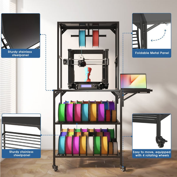 English Elm 3d Printer Workstation with Spool Rack Steel Frame Caster Wheels and Laptop Panel W3190P294353