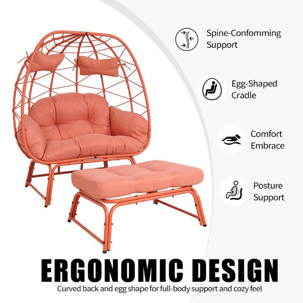 English Elm Double Wicker Egg Chair with Ottoman Bohemian Pe Rattan Outdoor Lounge Patio Set T5880P501487
