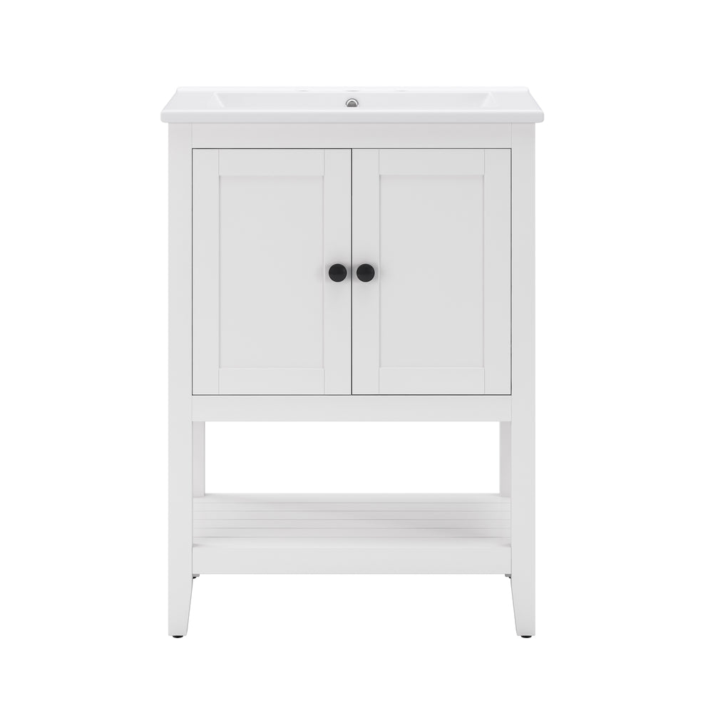 English Elm 24" Morandi White Bathroom Vanity with Ceramic Sink, Solid Wood Frame & Open Shelf, Modern Elegance N725P189823K