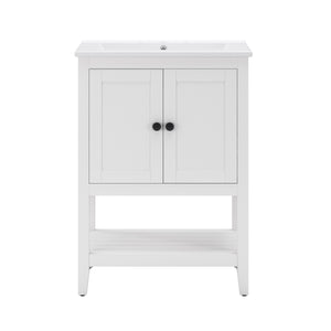 English Elm 24" Morandi White Bathroom Vanity with Ceramic Sink, Solid Wood Frame & Open Shelf, Modern Elegance N725P189823K