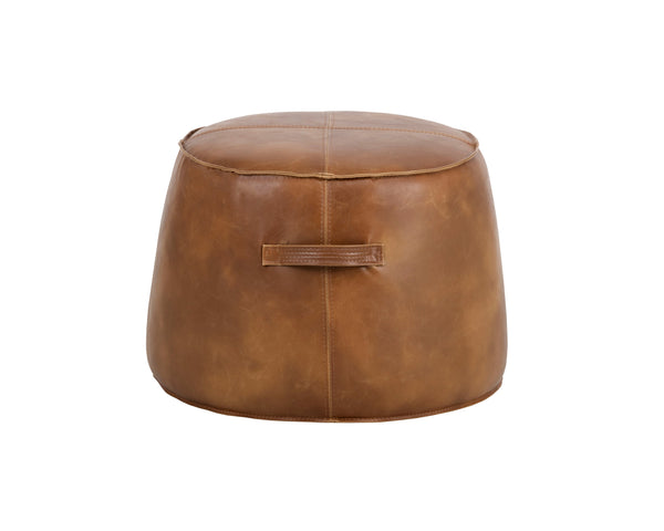 Sunpan Mitchell Ottoman - Stylish Round Faux Leather Accent Piece with Decorative Handle for Any Space Tobacco Tan
