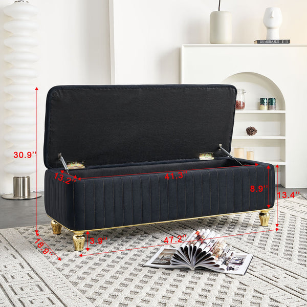 English Elm 47.24''W Storage Ottoman with Deep Button Tufting, Gold Accent Trim, Gas Lift, Sturdy Metal Legs Black W579P224706