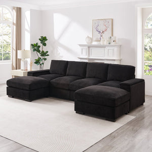 English Elm 122"l Corduroy Sectional with Dual Ottomans Modular U-shape Sofa for Modern Living Black W1669S00045
