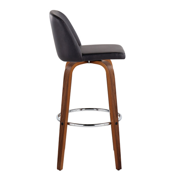English Elm Toriano Mid-Century 30" Fixed-Height Swivel Barstool with Walnut Legs, Faux Leather Comfort Pair Black B202S00705