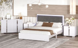 English Elm 4-Pieces Bedroom Sets Queen Size Upholstered Bed With Led Lights, Mirrored Nightstands and Dresser With Metal Handles and Legs,White