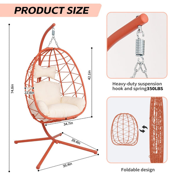 English Elm Hanging Egg Chair Pe Wicker Swing with Stand Washable Cushion Patio Bedroom T5880P497581