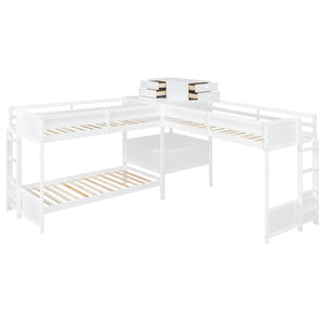 English Elm Twin L-shaped Bunk Bed Pine Wood Corner Design with Desk Drawers and Usb Charging White N820S00079K
