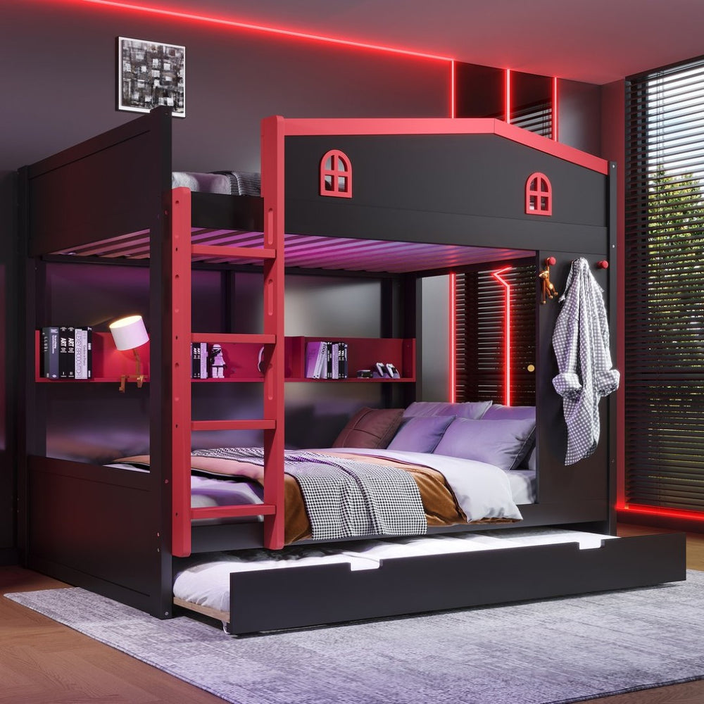 English Elm Twin Xl Solid Pine Loft Bed with Built-in Led Lighting and Storage Shelves W1580S00393