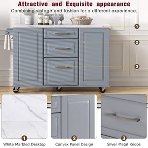 English Elm K&K Vintage Convex Kitchen Island Cart with Faux Marble Top, Tilt Trash, Pull-Out Organizer, Wheels Grey+Blue N707P299008G