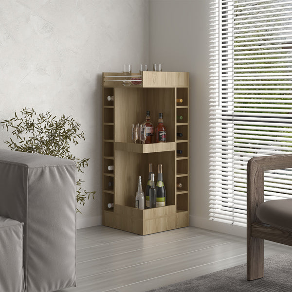 English Elm Lyman Corner Bar Cabinet 46" Tall with 14 Bottle Cubbies, 3-Tier Storage, Open Shelves, Modern Finish Oak 32.2 L x 59 W x 12 H B070P254768