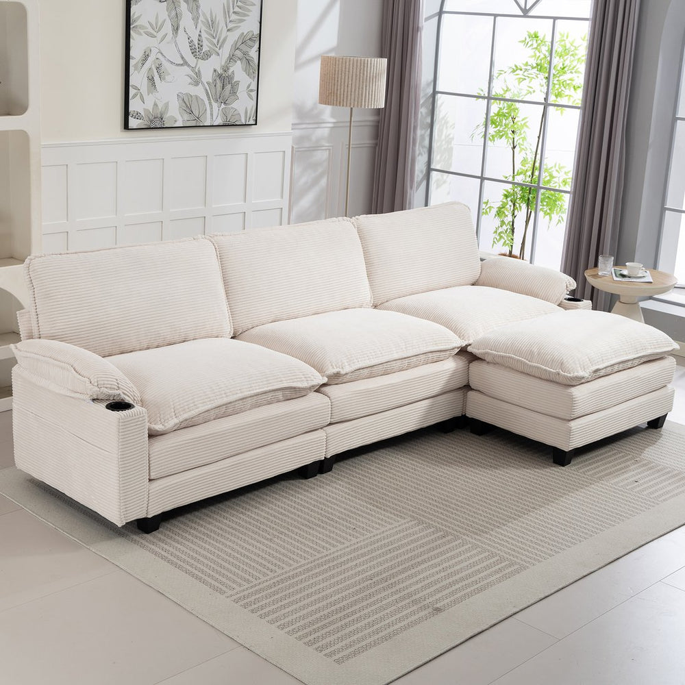 English Elm 113" Modern 3+1 L-Shaped Corduroy Sofa with Double-Layer Cushions, Cup Holders & Storage Bags Beige W2715S00005