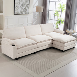 English Elm 113" Modern 3+1 L-Shaped Corduroy Sofa with Double-Layer Cushions, Cup Holders & Storage Bags Beige W2715S00005