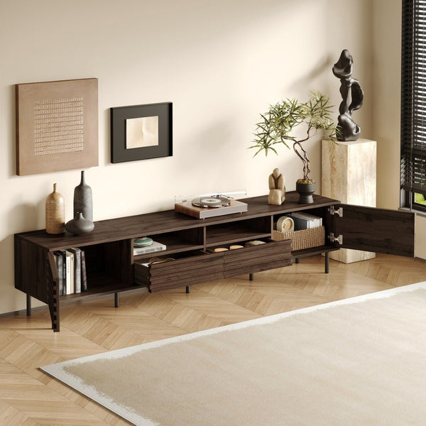 English Elm 78 Inch Walnut Media Console with Slatted Doors Iron Legs and Cable Management N710P373591Q