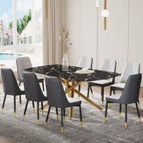 Hearth and Haven Large Modern Minimalist Rectangular Dining Table with 0.39 "Imitation Marble Black Tabletop and Golden Metal Legs, Paired with Chairs with Leatherette Cushions and Black Metal Legs. F-1537 C-007 W1151S00881 W1151S00881