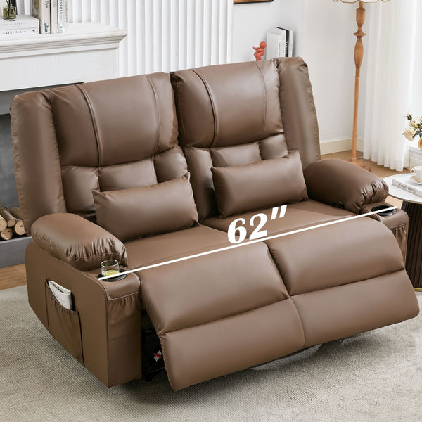 English Elm Recliner Loveseat with Massage Heat Pu Leather Dual Seating and Usb Charging Ports Brown W1521S00083