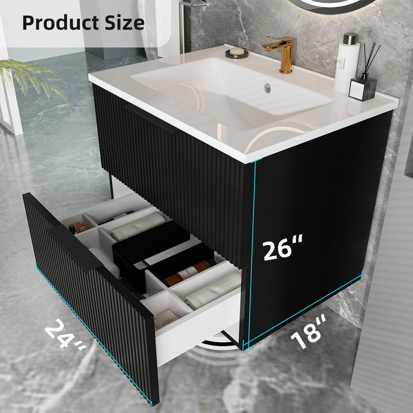 English Elm 24 Compact Bathroom Vanity with Sink — Floor-Standing Stability, Soft-Close Drawers, Large Storage, Durable Finish Matte Black 26.38 L x 22.83 W x 7.87 H W3520S00001