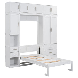 English Elm Twin Murphy Bed with Lockers & Wardrobes White — Space-Saving Foldaway Cabinet Bed w/ Shelves, Drawers and Video Guide GX000391AAK