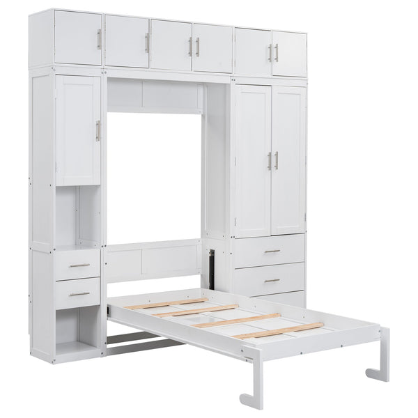 English Elm Twin Murphy Bed with Lockers & Wardrobes White — Space-Saving Foldaway Cabinet Bed w/ Shelves, Drawers and Video Guide GX000391AAK