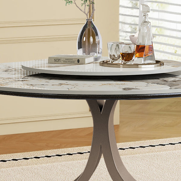 English Elm 59" Round Dining Table With 360° Rotating Lazy Susan - Scratch-Resistant Stone Top For Family Gatherings W2699S00055