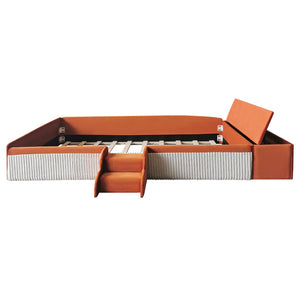 English Elm Twin Velvet Kids Daybed with Built-in Stairs Padded Guardrails and Gas Lift Storage Brown+White SF000201AAD