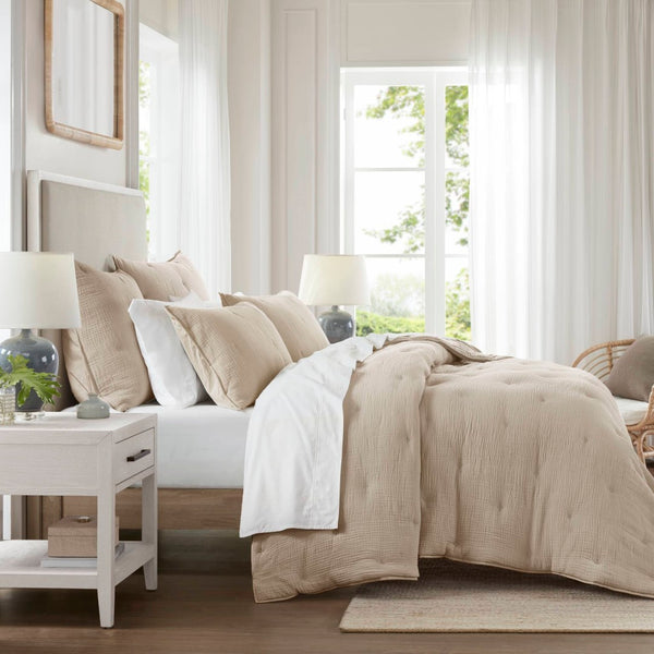 English Elm 3-piece King Cotton Muslin Quilt Set Crinkle Texture Embroidered Farmhouse Bedding B035P408350