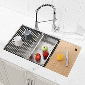 English Elm Kitchen Undermount Handcrafted Stainless Steel Single Bowl Sink with Workstation Accessories T3177P286047