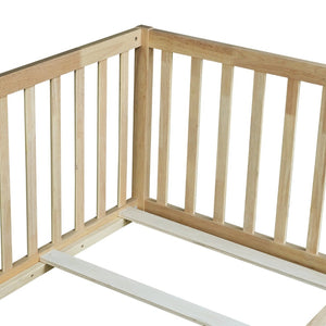 English Elm Twin Montessori Floor Bed Solid Rubber Wood with Safety Fence Rails Toddler Room W504P411197