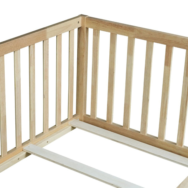 English Elm Twin Montessori Floor Bed Solid Rubber Wood with Safety Fence Rails Toddler Room W504P411197