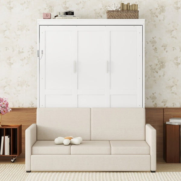 English Elm Queen Murphy Bed with Linen Cushion Sofa Folds Flat for Studio or Guest Room White LP000891AAK-1