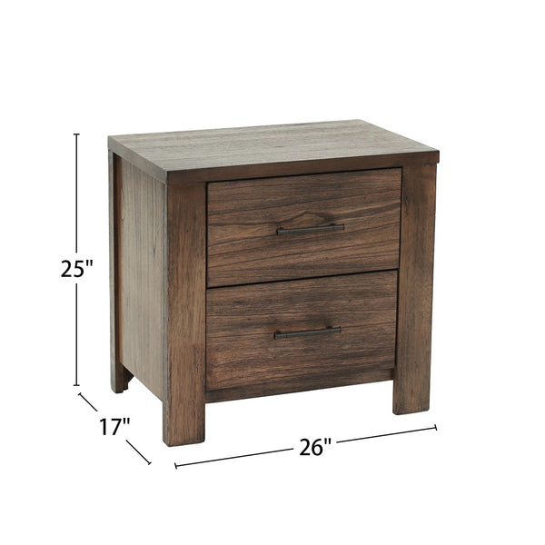 English Elm Wood Nightstand with 2 Drawers Brown Wood Finish, Contemporary Bedside Table, Durable Storage Piece SR014881