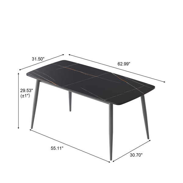 English Elm 62.99" Modern Artificial Stone Dining Table With Curved Black Top & Dark Grey Metal Legs For 6 Guests W1535S00507