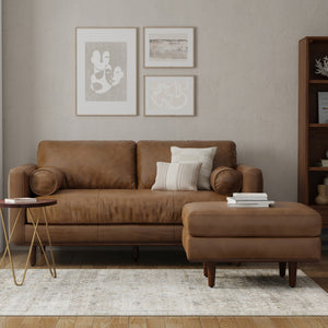 English Elm Morrison Caramel Brown 72" Leather Sofa & Ottoman Set — Mid-Century Modern, Feather-Filled Comfort B136P199199