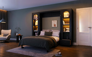 English Elm Queen Murphy Platform Bed with Foldaway Cabinet, Built-In LED, Side Cabinets & Drawers for Small Spaces Black N7090002226B