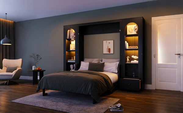 English Elm Queen Murphy Platform Bed with Foldaway Cabinet, Built-In LED, Side Cabinets & Drawers for Small Spaces Black N7090002226B