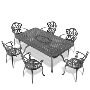 English Elm 7-piece Cast Aluminum Outdoor Dining Set with Carved Relief Frames and Cushioned Chairs W1710S00592