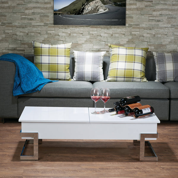 English Elm Calmam White High Gloss Coffee Table with Chrome Geometric Base, Lift-Top Storage & Floor Protectors B2726P251276