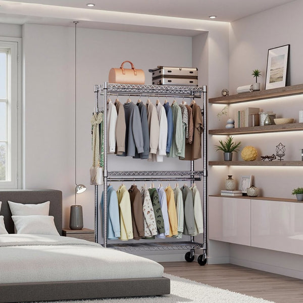 English Elm Heavy Duty Rolling Garment Rack Freestanding Closet Organizer with Adjustable Steel Shelving Chrome W5386P445607