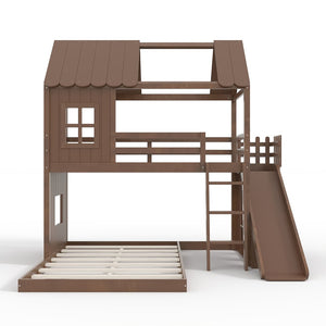 English Elm Twin Over Full Playhouse Bunk Bed with Slide Ladder Storage Shelves and Wardrobe Antique Natural W5305S00041