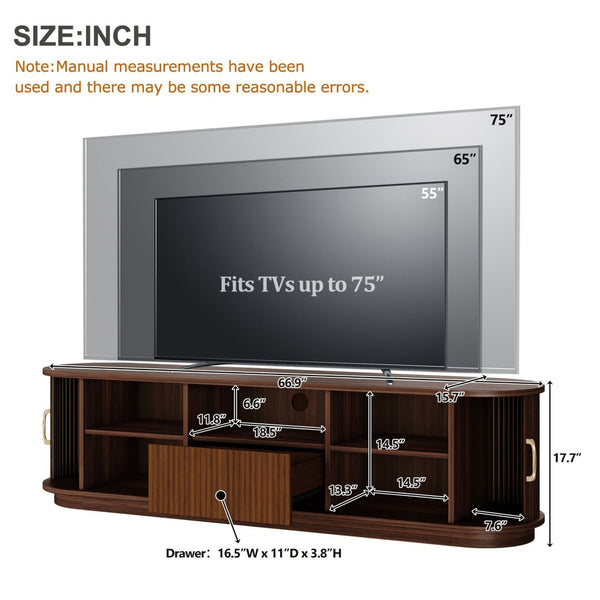 English Elm Vintage Farmhouse Media Console with Slatted Sliding Doors and Brass Hardware for Living Room Walnut N721P427206P