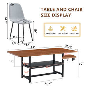 English Elm Table And Chair Set - Stylish Walnut Grain Dining Table With 6 Comfortable Light Gray Chairs W1151S04292-GIGA