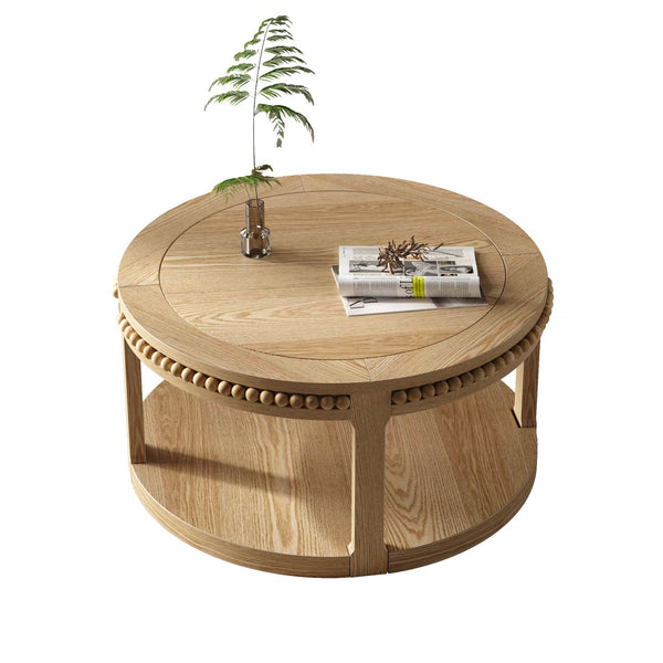English Elm 31.5 Inch Round Solid Wood Coffee Table Two-Tier Thick Top Sturdy Legs 100lb Capacity, Elegant Finish Natural Wood W1445P341374