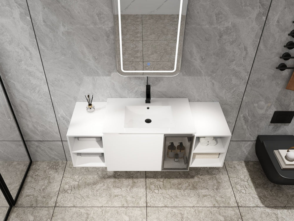 English Elm 54" Floating Bathroom Vanity Glossy White Plywood Cabinet with Ceramic Sink Grey Glass Door W999S00530