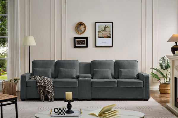 English Elm 114" Modern Upholstered Sofa with Console, Built-In USB & Cupholders, Durable Linen Fabric Comfort Dark Gray W2353S00004