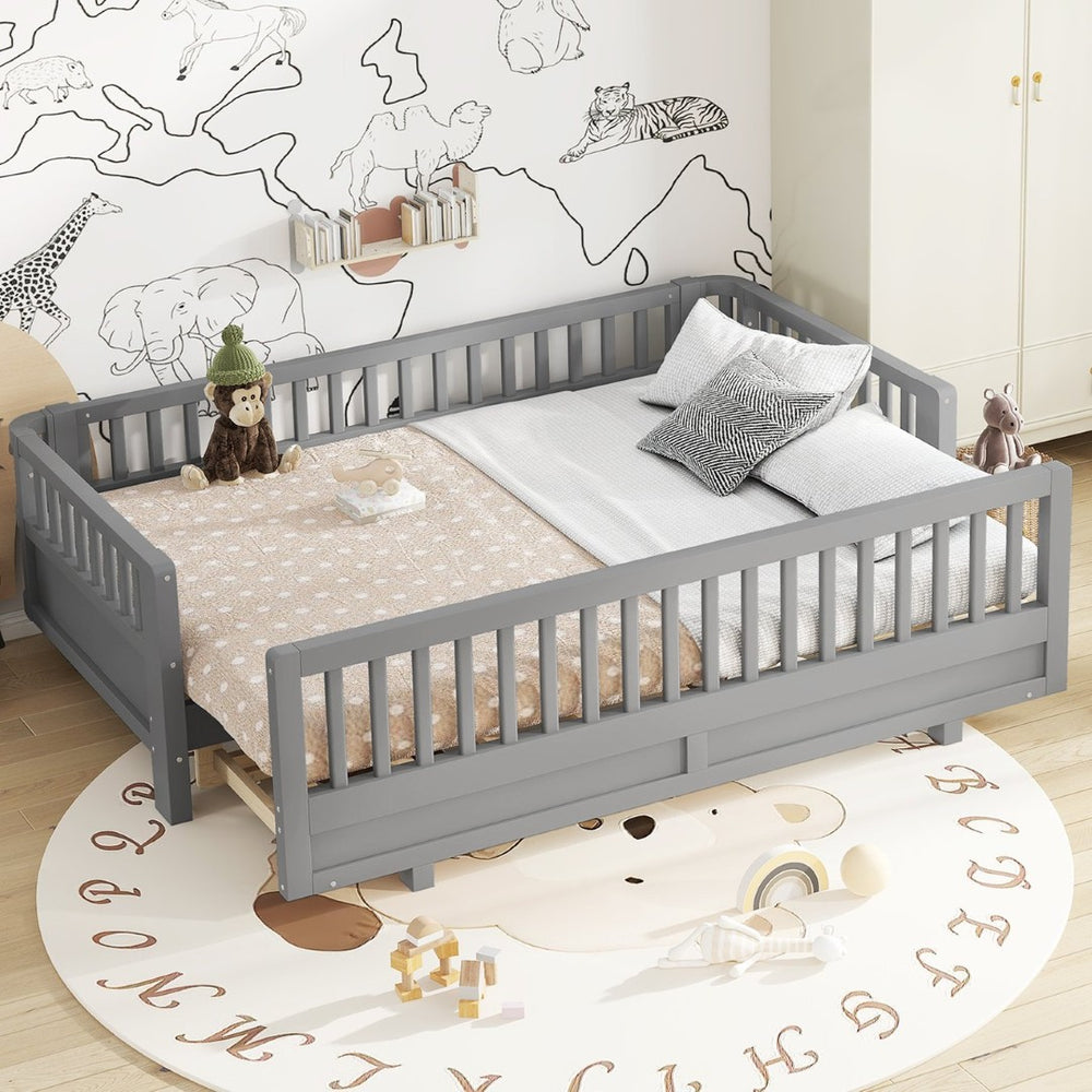 English Elm Twin Xl Convertible Platform Bed With Guardrails, Solid Wood Frame In Gray - Safe & Stylish Sleep Solution W1580S00242-GIGA