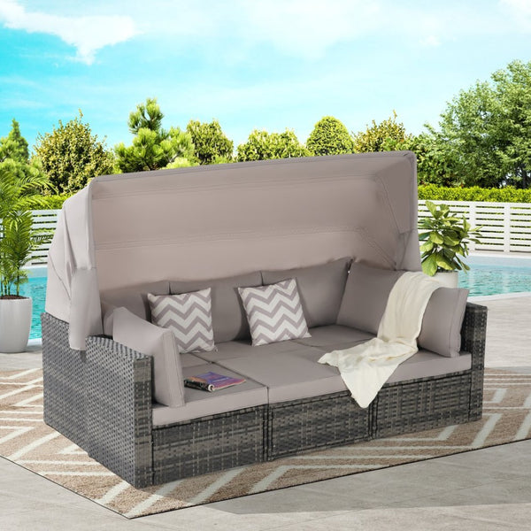 English Elm 5 Piece Outdoor Pe Rattan Daybed Set with Retractable Canopy and Tempered Glass Table Light Gray W874S00031